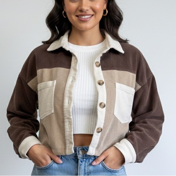 BiBi Jackets & Blazers - BiBi Corduroy Colorblock Shacket Cropped Brown Tan Neutral Boho Small